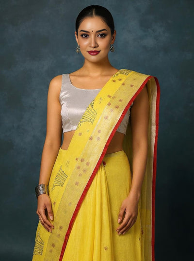 Indiehaat | Pure Linen Embroidered Saree Yellow
