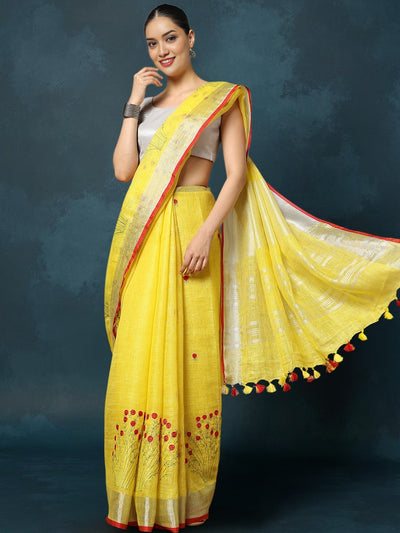Indiehaat | Pure Linen Embroidered Saree Yellow