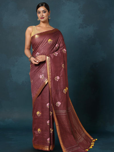 Indiehaat | Silk Linen Embroidery Saree Red