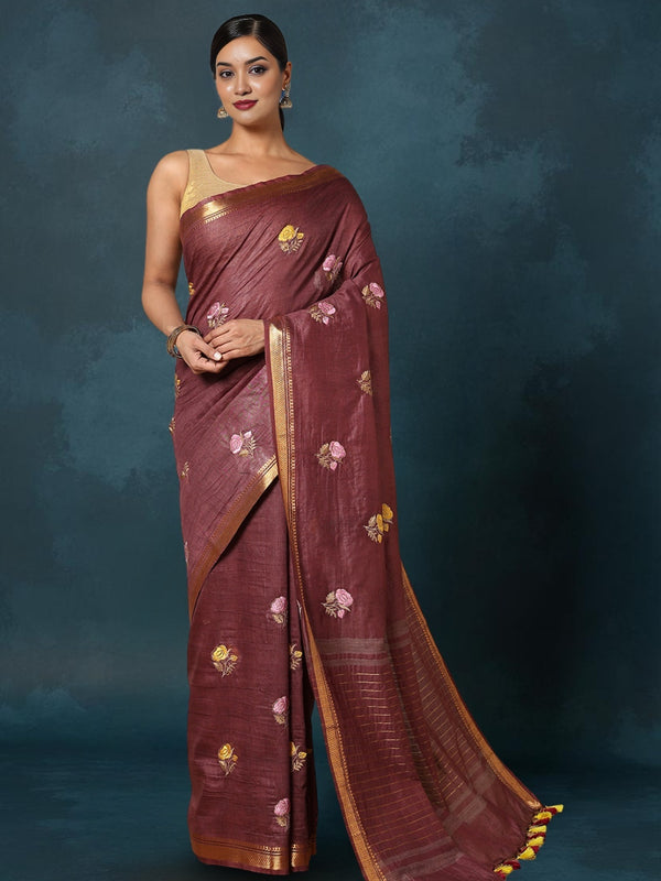 Indiehaat | Silk Linen Embroidery Saree Red