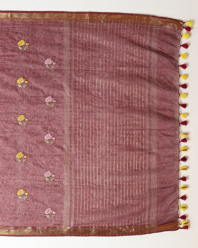 Indiehaat | Silk Linen Embroidery Saree Red