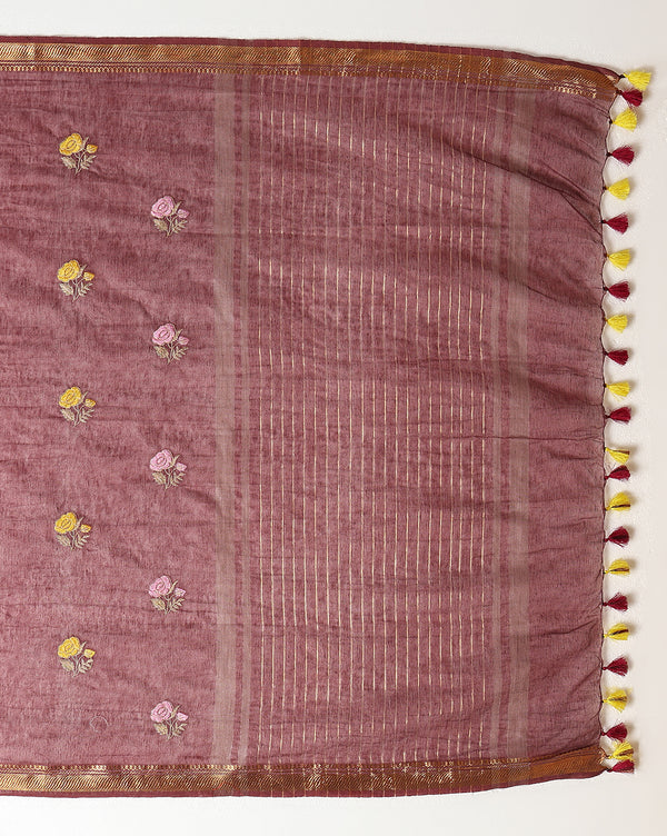 Indiehaat | Silk Linen Embroidery Saree Red