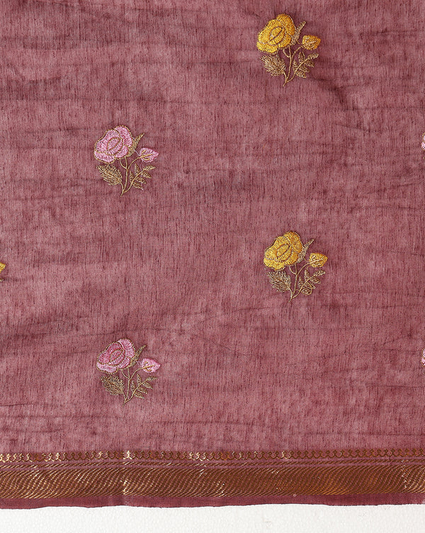 Indiehaat | Silk Linen Embroidery Saree Red