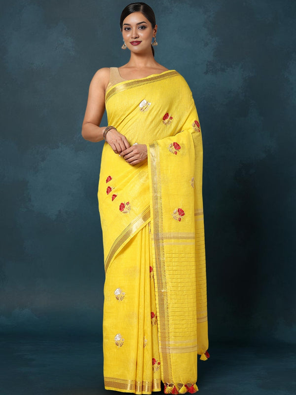 Indiehaat | Silk Linen Embroidery Saree Yellow