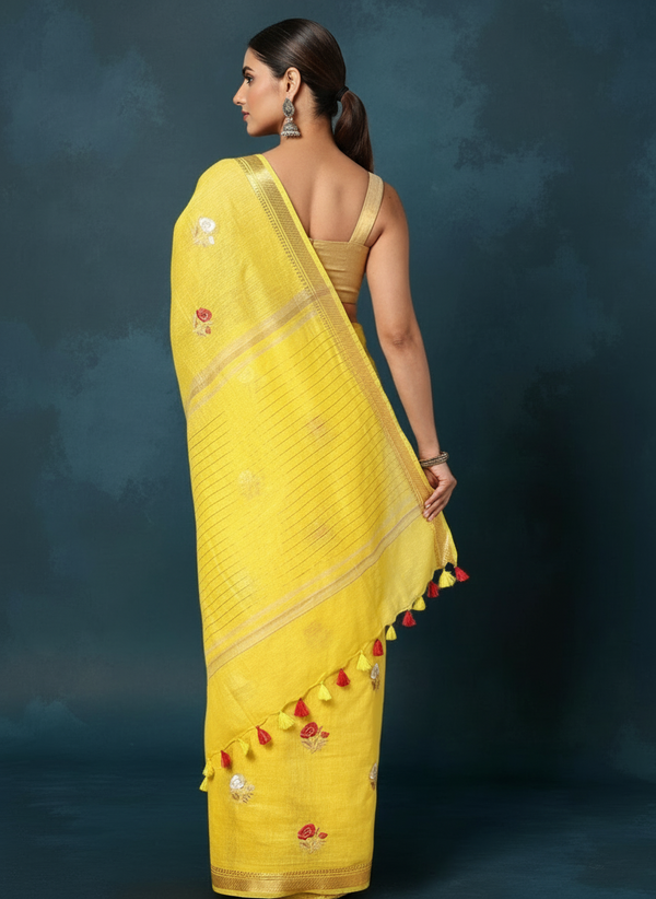 Indiehaat | Silk Linen Embroidery Saree Yellow