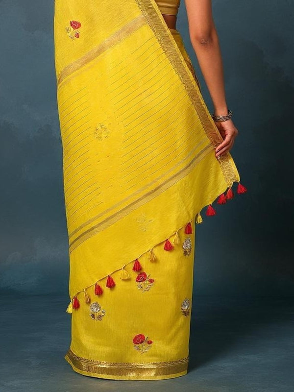 Indiehaat | Silk Linen Embroidery Saree Yellow