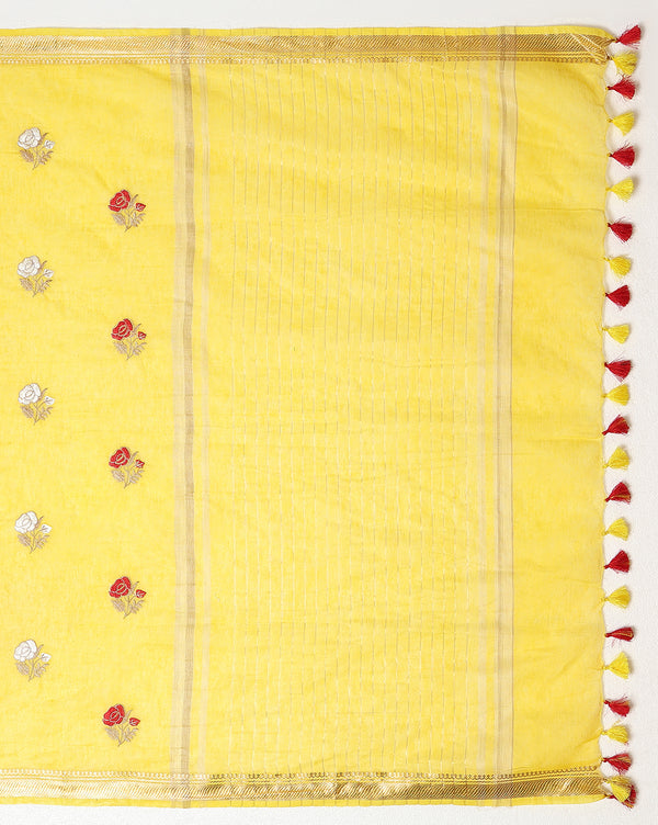 Indiehaat | Silk Linen Embroidery Saree Yellow