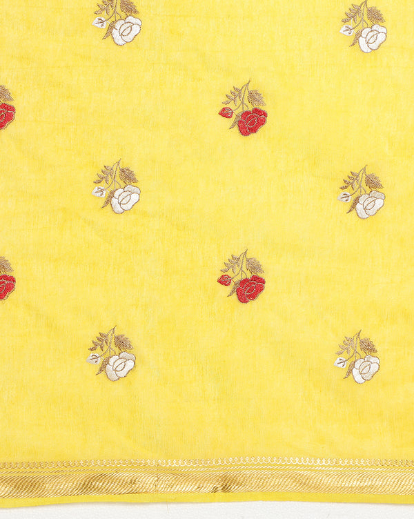 Indiehaat | Silk Linen Embroidery Saree Yellow