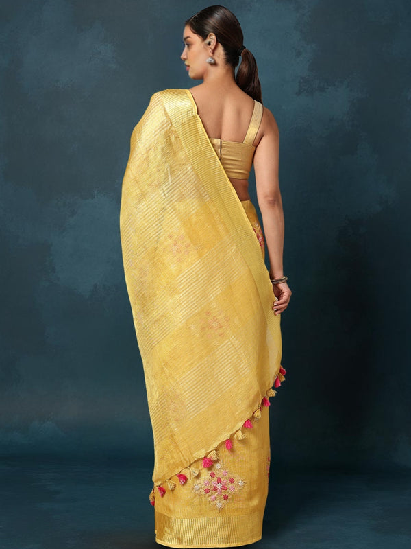 Indiehaat | Embroidered Tissue Linen Saree Yellow
