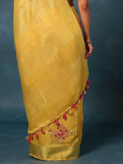 Indiehaat | Embroidered Tissue Linen Saree Yellow