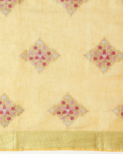 Indiehaat | Embroidered Tissue Linen Saree Yellow