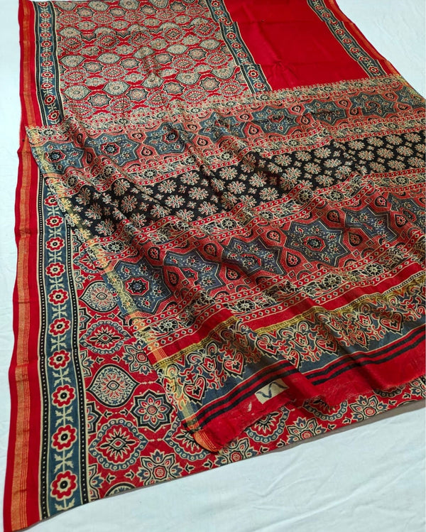 Indiehaat | Chanderi Silk Ajrakh Print Saree Red