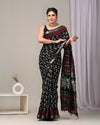 Indiehaat | Linen Saree Black Color Kalamakari Handblock Printed With Running Blouse