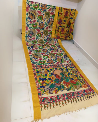 Indiehaat | Mangalagiri Handpainted Silk Saree Beige