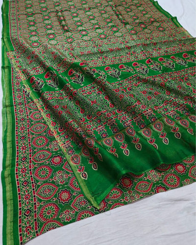 Indiehaat | Chanderi Silk Ajrakh Print Saree Green