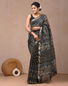 Indiehaat | Maheshwari Silk Saree Black Color Bagru Handblock Printed with Running Blouse (Silk by Silk)