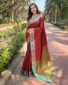 Indiehaat | Soft Kashmiri Silk Zari Woven Contrast Red Saree