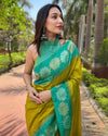 Indiehaat | Soft Silk Floral Border Contrast Zari Woven Mehendi Green Saree