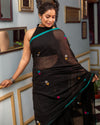 Indiehaat | Mul Cotton Embroidered Black Saree