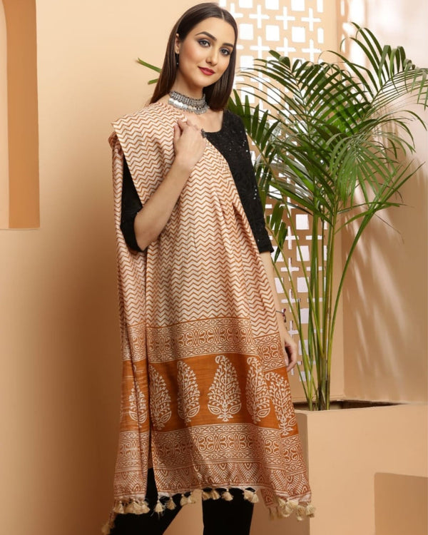 Indiehaat | Katan Silk Blockprint Dupatta Light Brown