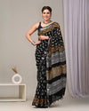 Indiehaat | Linen Saree Black Color Kalamakari Handblock Printed With Running Blouse