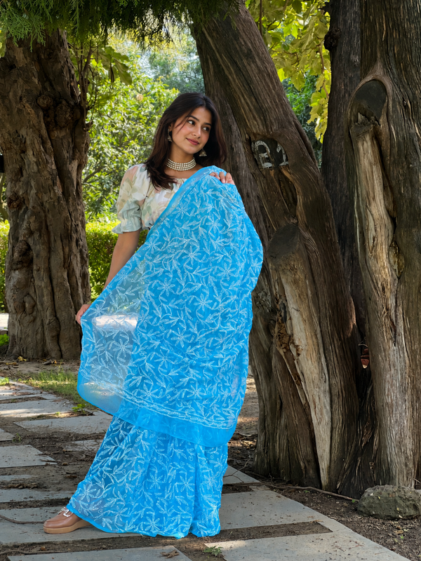 Georgette HandCrafted Tepchi work Blue Saree with Running Blouse-Indiehaat