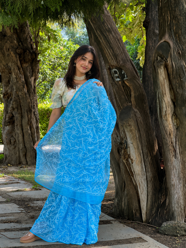 Georgette HandCrafted Tepchi work Blue Saree with Running Blouse-Indiehaat