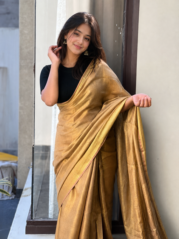 Alluring Pure Tissue Linen Gold Hue Handdyed Saree