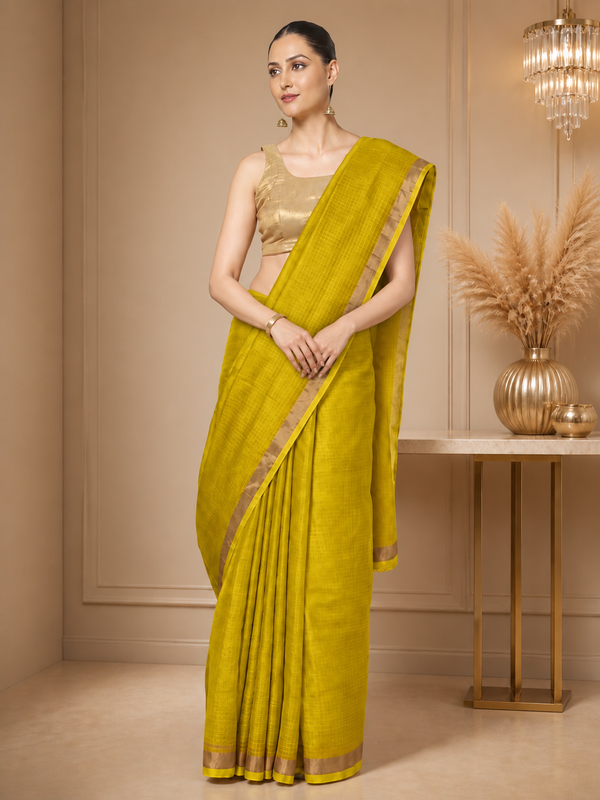 Kota Doria Pure Silk Green and Yellow Saree Hand Dyed with Blouse-Indiehaat