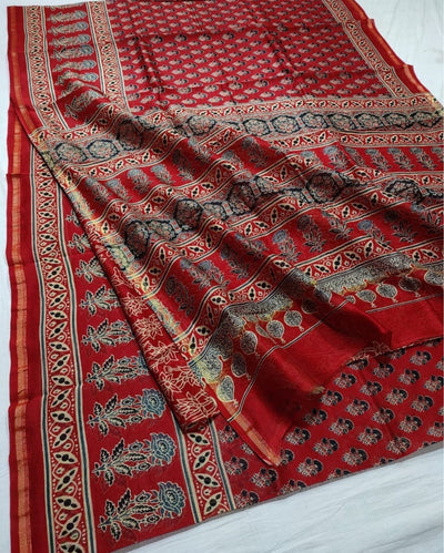 Indiehaat | Chanderi Silk Ajrakh Print Saree Red