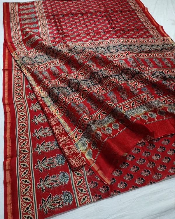 Indiehaat | Chanderi Silk Ajrakh Print Saree Red