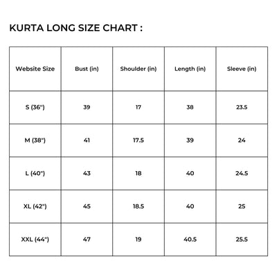 Size chart for IndieHaat products - Men's Kurta