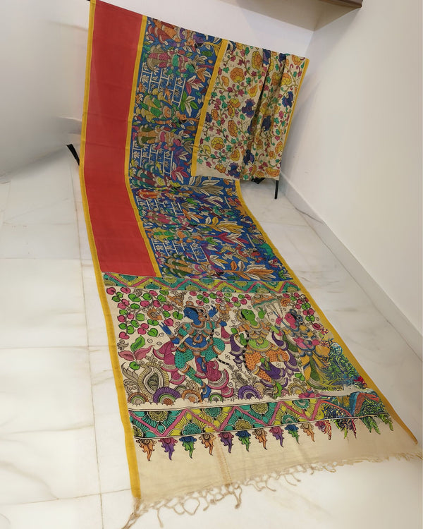 Indiehaat | Mangalagiri Handpainted Silk Saree Multicolor