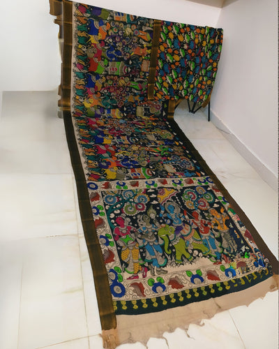 Indiehaat | Mangalagiri Handpainted Silk Saree Multicolor