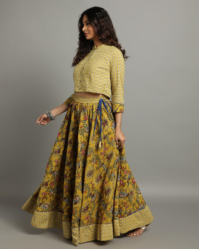 Indiehaat | Blockprinted Cotton Yellow Stitched Lehanga