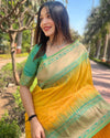 Indiehaat | Soft Silk Floral Border Contrast Zari Woven Yellow Saree