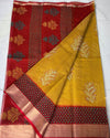 Indiehaat | Craft Couture Blockprinted Kota Doria Mustard Yellow & Red Saree