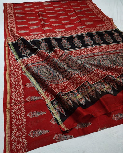 Indiehaat | Chanderi Silk Ajrakh Print Saree Red