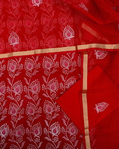Indiehaat|Kota Doria Embroidered Maroon Suits(Top+Bottom+Dupatta)
