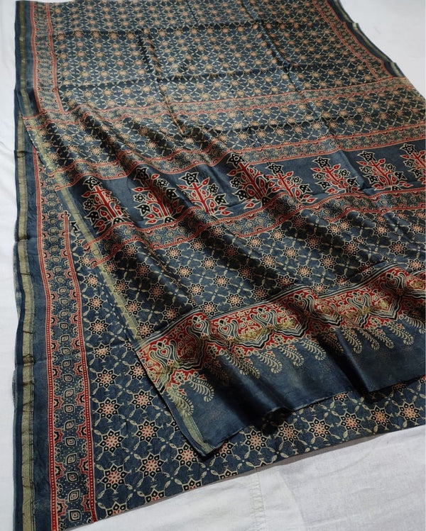Indiehaat | Chanderi Silk Ajrakh Print Saree Gray