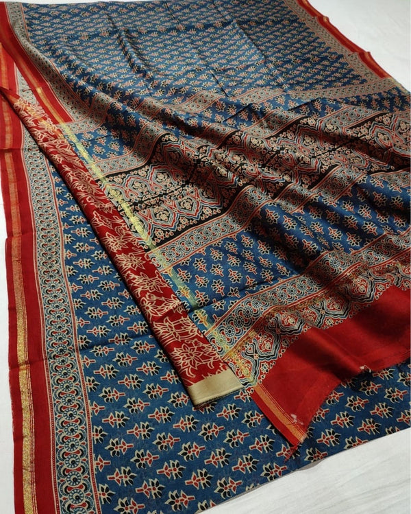 Indiehaat | Chanderi Silk Ajrakh Print Saree Blue