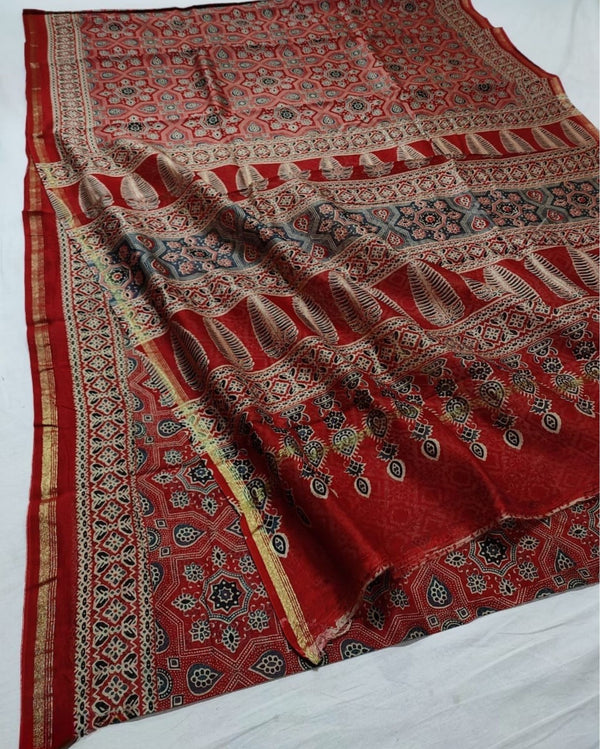 Indiehaat | Chanderi Silk Ajrakh Print Saree Red
