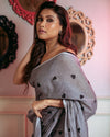 Indiehaat | Mul Cotton Heart Embroidered Gray Saree