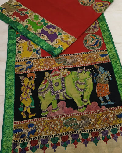 Indiehaat | HandPainted Soft Silk Red Saree | Elegant