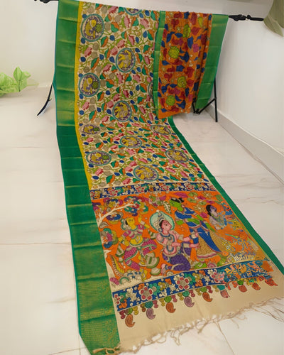 Indiehaat | Mangalagiri Handpainted Silk Saree Green