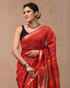 Indiehaat | Maheshwari Silk Saree Red Color Bagru Handblock Printed with Running Blouse (Silk by Silk)