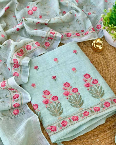 Indiehaat | Pure Linen Embroidery Suit Blue