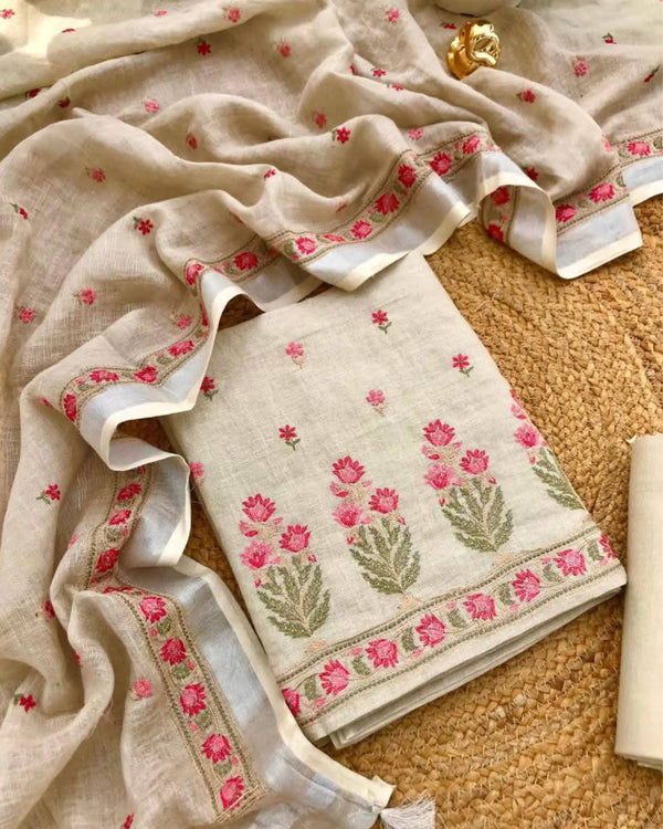 Indiehaat | Pure Linen Embroidery Suit Beige