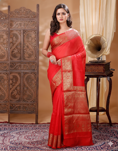 Silk Linen Banarasi Brocade Handloom Orange Saree with Blouse-Indiehaat