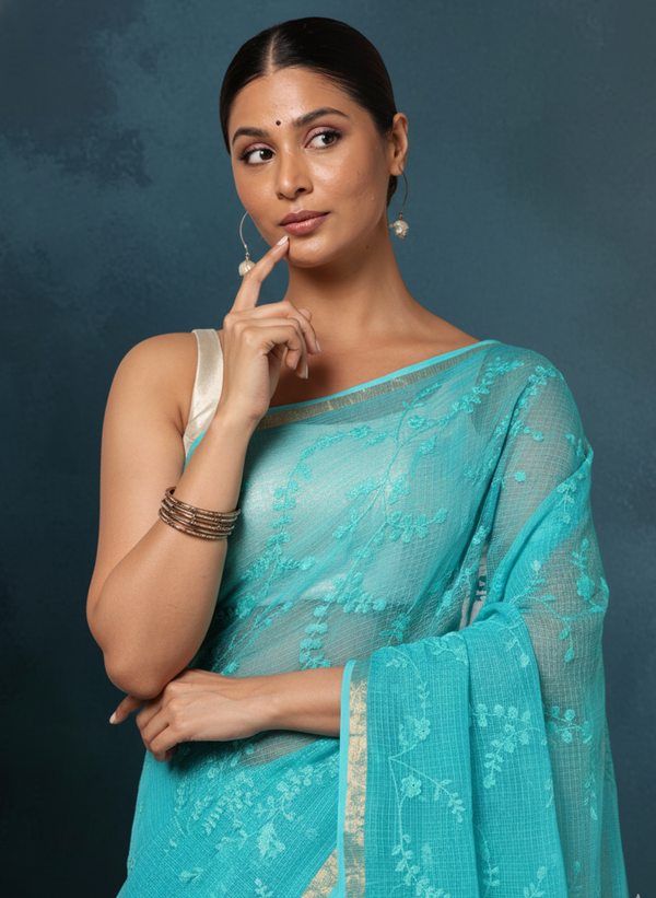 Pure Cotton Kota Doria Saree Turquoise Blue Jaal Embroidery